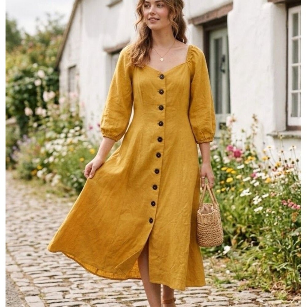 NWT Cato Yellow Linen Puff Sleeve Button Front Midi Sundres Medium Boho Peasant⁠